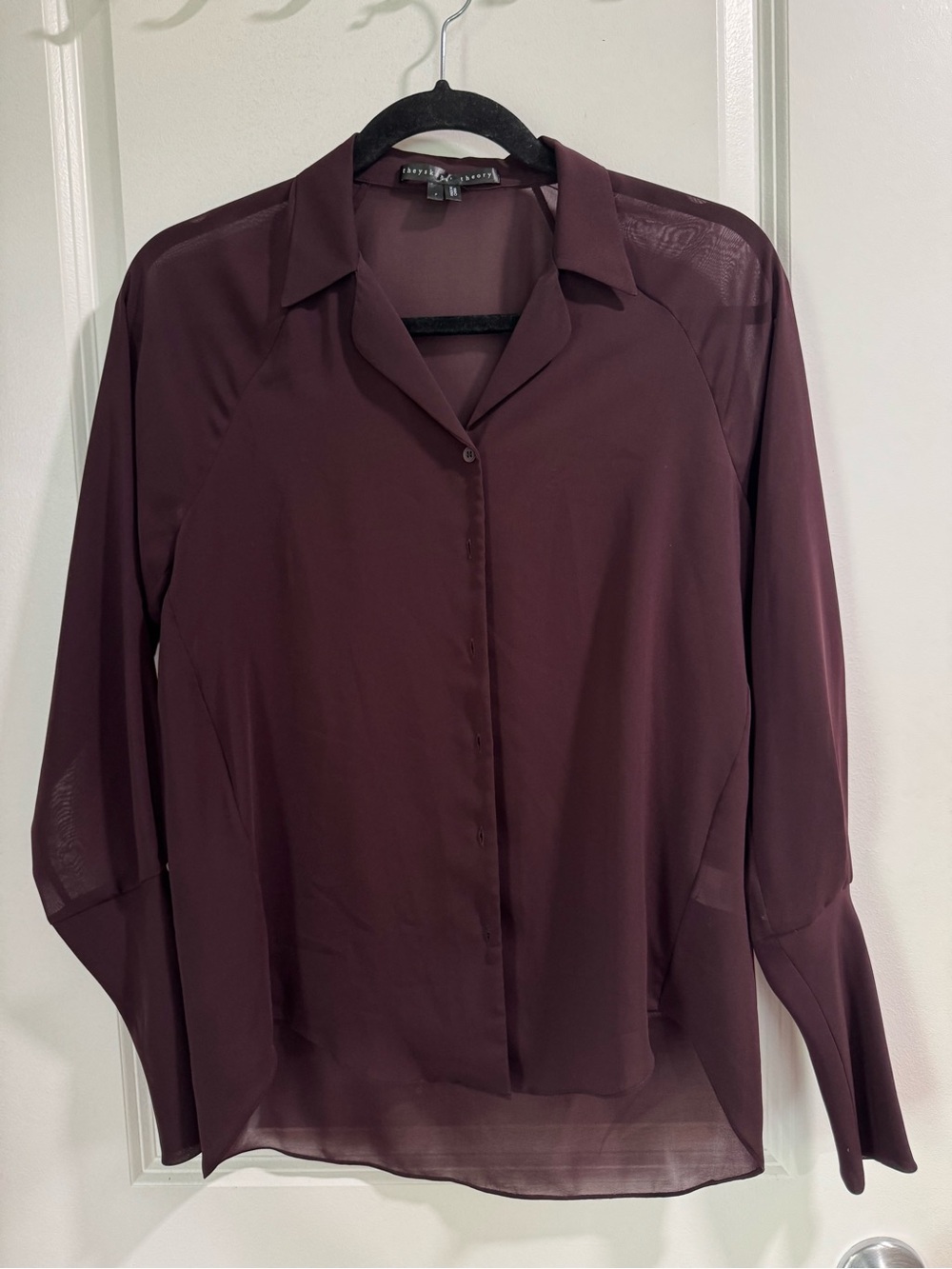 Theyskens’ Theory Franky 2 Bilke Top Sheer Button Down Wine Burgundy P XS 0-2